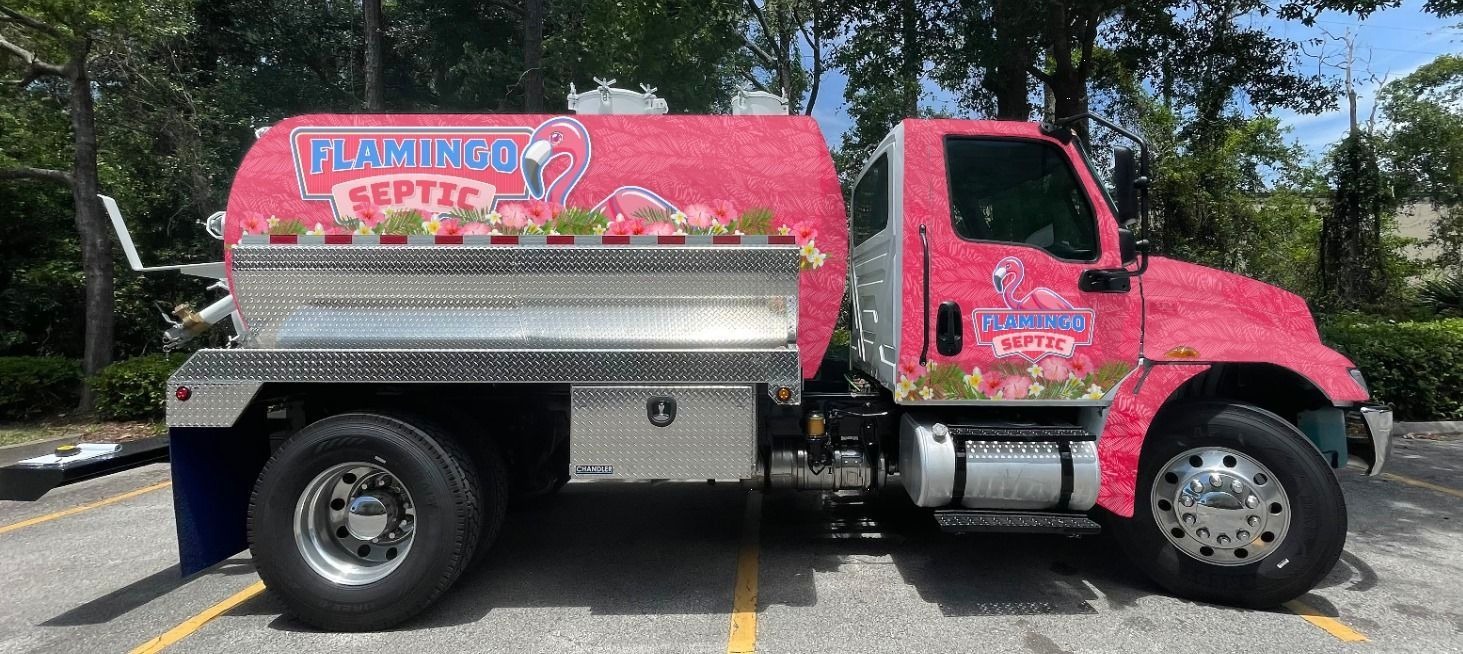 The Call Flamingo septic pump truck, photographed at the yard